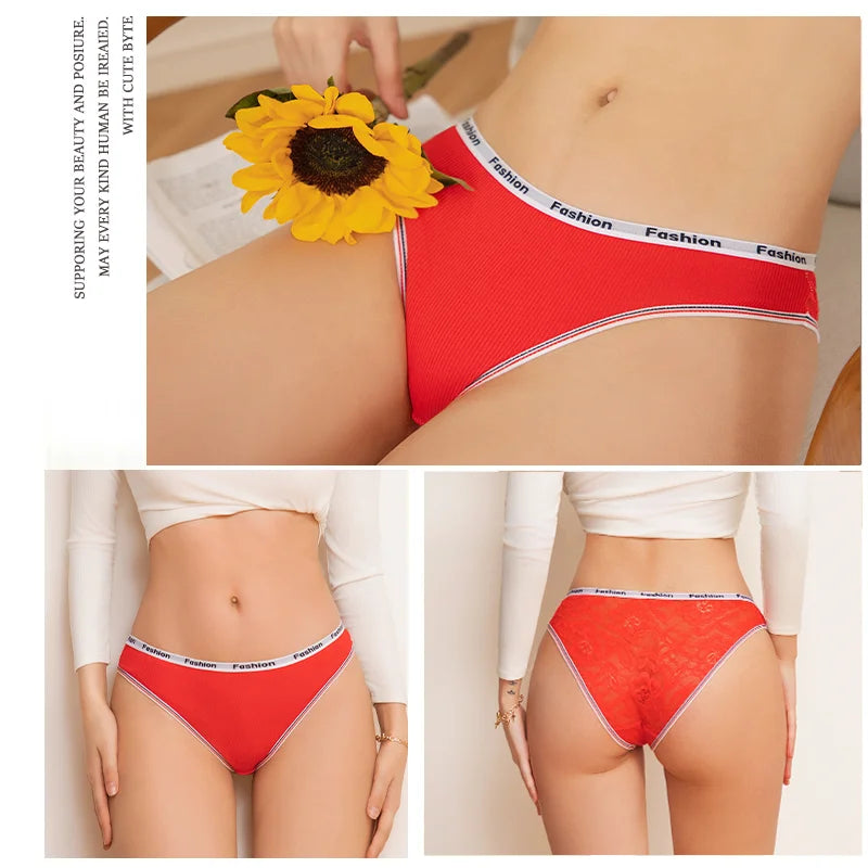 3Pcs/Set Women's Cotton Lace Panties V-Waist Sexy Sport Low Waist Briefs S-XL Comfortable Underwear Female Soft Color Underpants