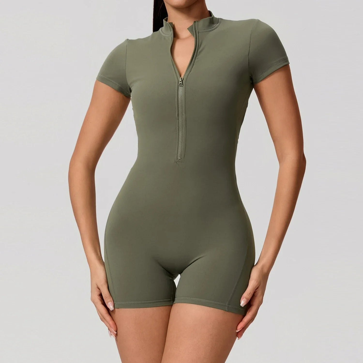 Hearuisavy Summer Women's Short Sleeved Sports Overalls Running Yoga Jumpsuit High Stretch Push Up Fitness Bodysuit With Zipper