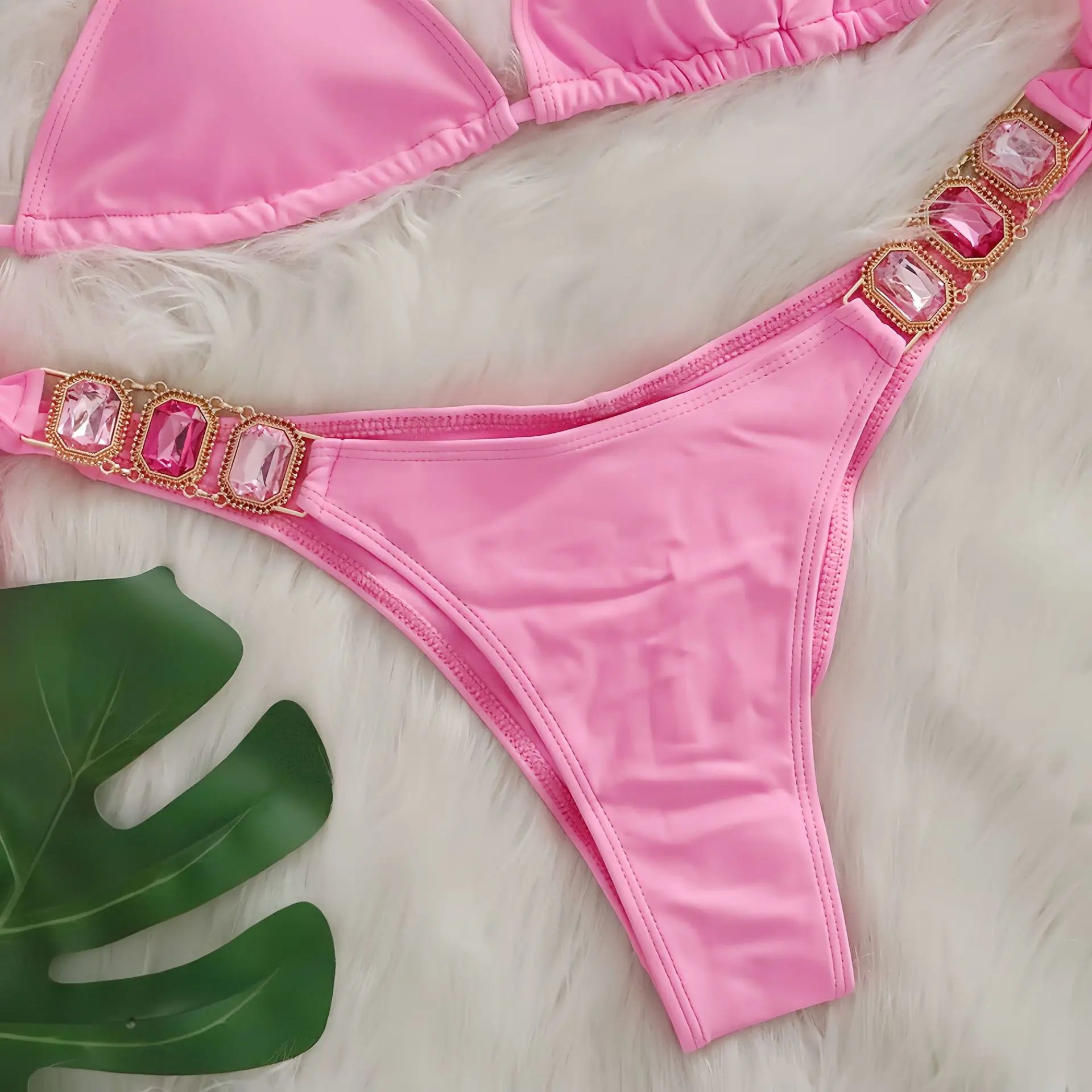 Sexy Rhinestone Bikini Set Women 2026 Luxury Pink Crystal Diamond Push Up Bandage Thong Swimsuit Beach Bathing Suit Swimwear