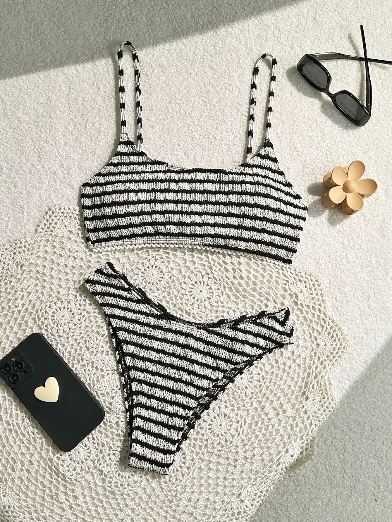 Sexy Black Striped Bikinis 2025 Women Halter Pleate Push Up Micro Swimsuit Brazilian Beach Bathing Suit Holiday Thong Swimwear