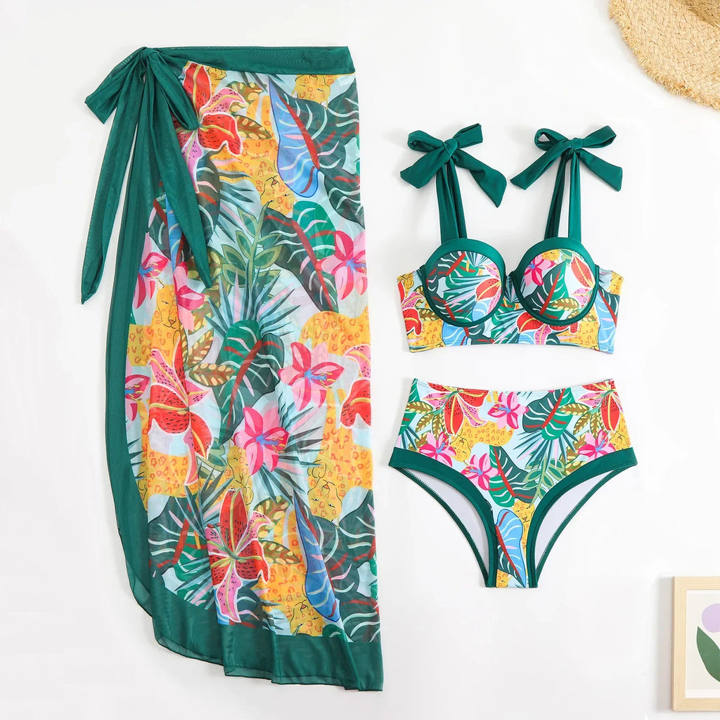 Vintage Green Leaves Print Bikini Set 2026 Women Tie Strap Push Up Underwire Long Skirt 3 Piece Swimsuit Bathing Suit Swimwear
