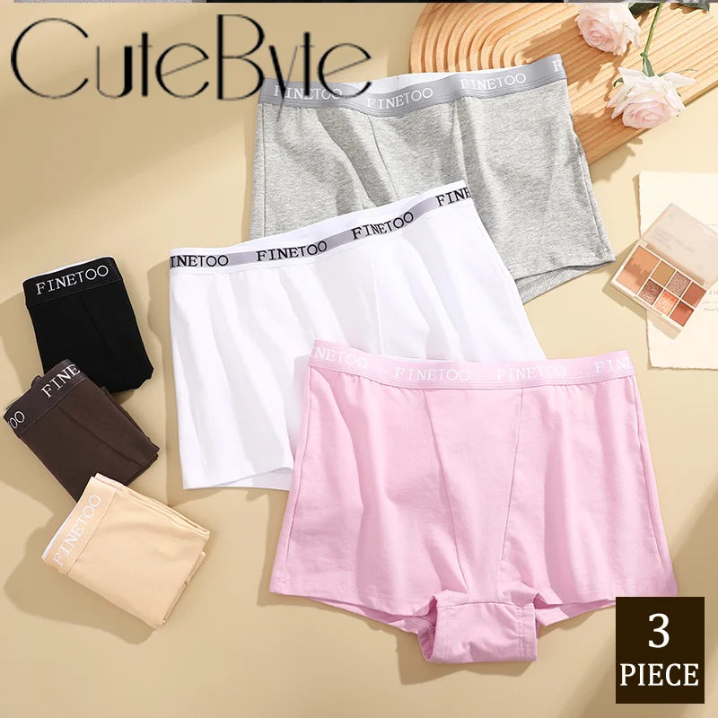 3Pcs Women's Cotton Boxers Panties Seamless Sports Underwear Female Solid Color Briefs Lingerie Intimate Underpant Finetoo S-XXL