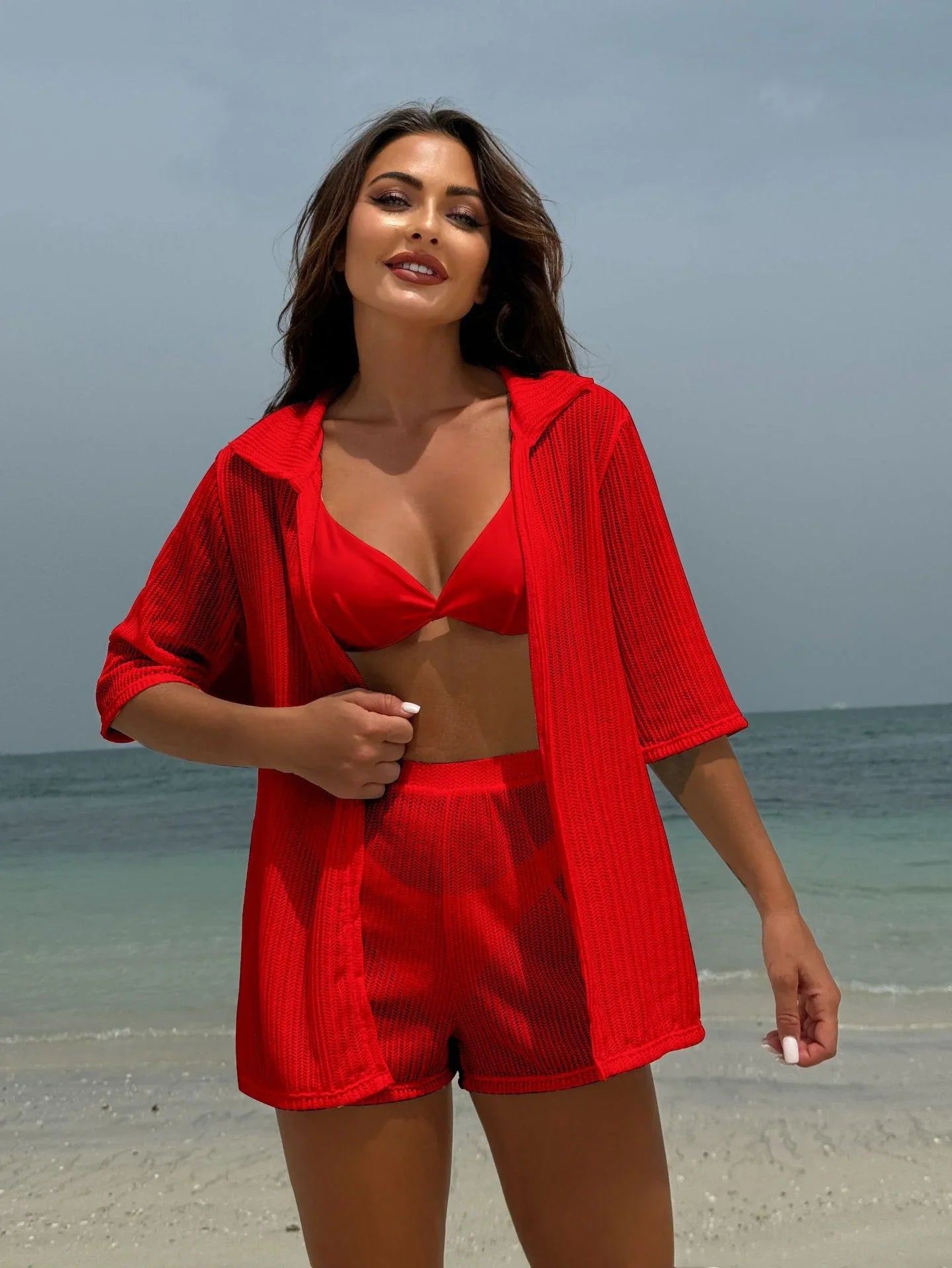 Summer 4 Piece Bikinis Sets Women Black White Mesh Half Sleeve Cover Up with High Waist Panties Swimsuit Bathing Suit Swimwear