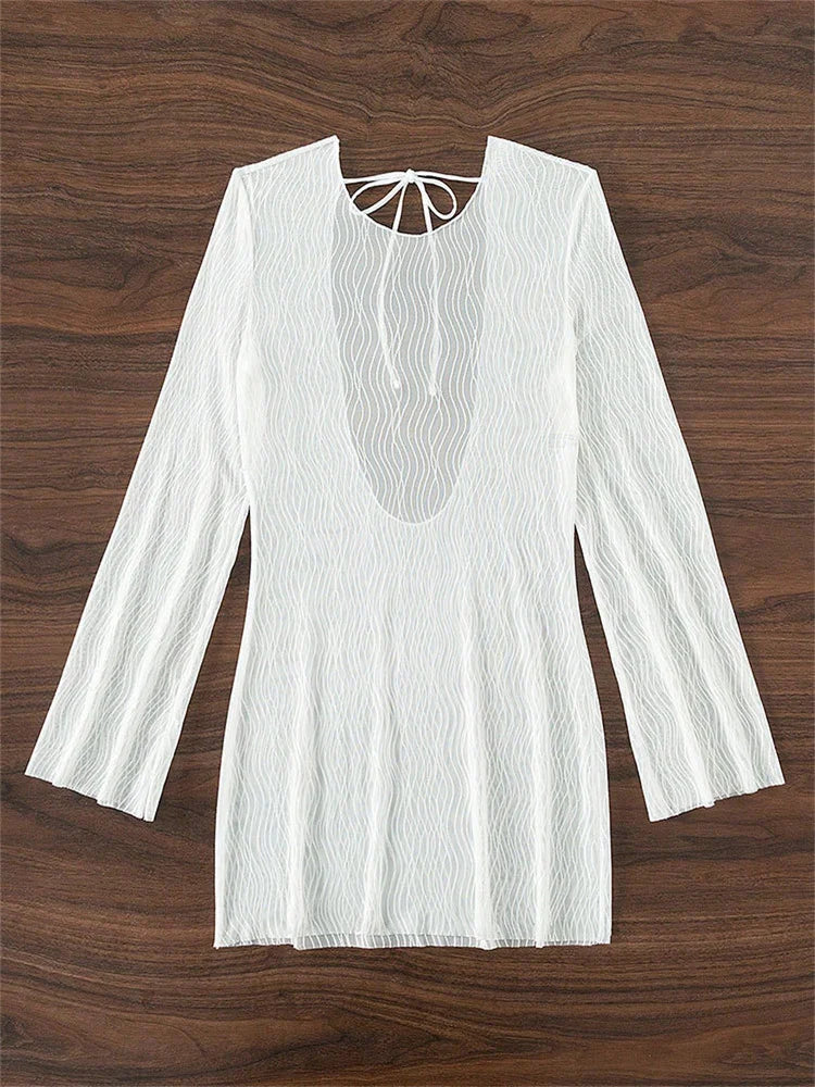 Bikini Beach Outfits Sexy Elegant Long Sleeve Mesh Solid White Dresses and Tunics for Women Cover-Up Swimwear Summer Dress