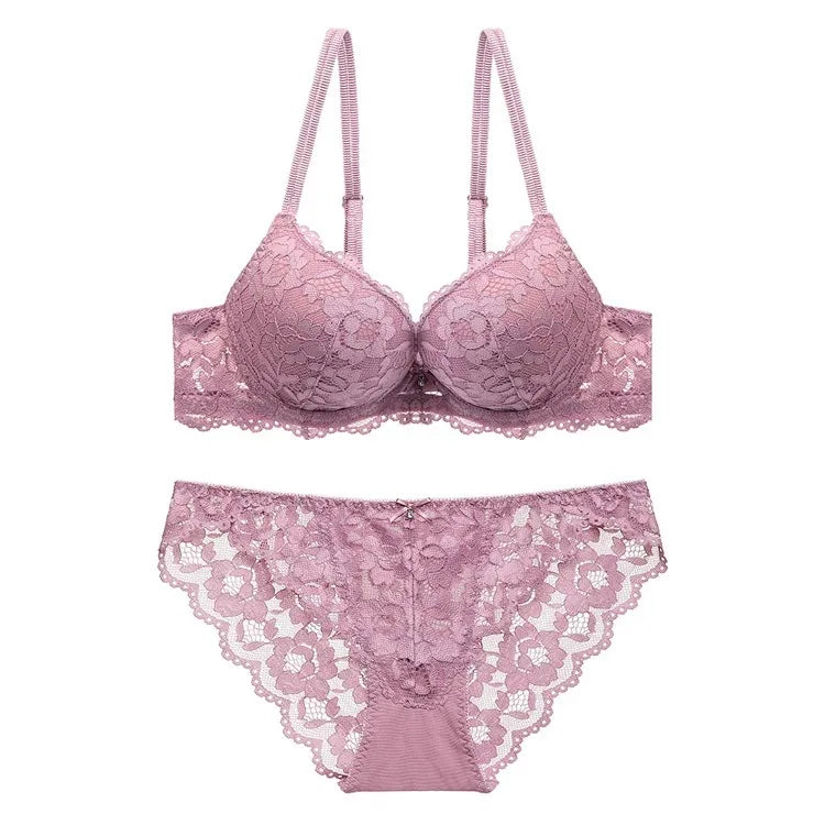 Sexy Lace Floral Women's Underwear Set Double Straps Push-Up Bra Hollow-Out Sexy Panties