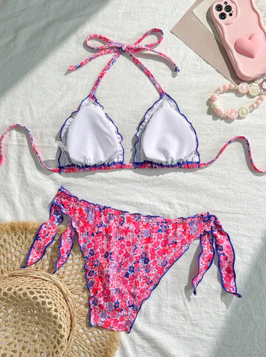 Cute Orange Floral Print Bikini Set Women Halter Ruffles Push Up Tie Side Thong Swimsuit 2026 Summer Bathing Suit Micro Swimwear