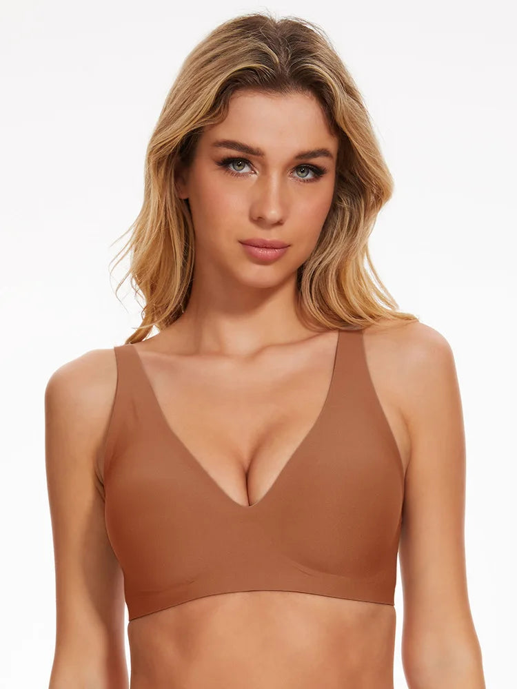 Leopard Print Deep V Seamless Wire-free Everyday Bra Comfortable and Breathable Full Cup Support Pink Leopard Print Bra Sostén