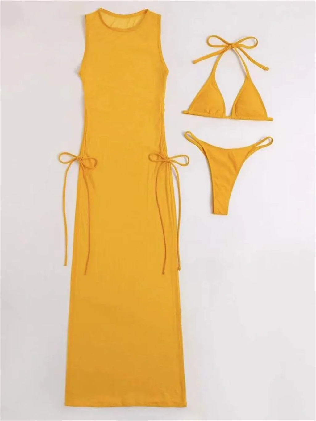 Sexy Sleeveless Mesh Bikini Cover Up Green White Dress 3 Piece Swimsuit Beach See Through Beach Bathing Suit Thong Swimwear 2024