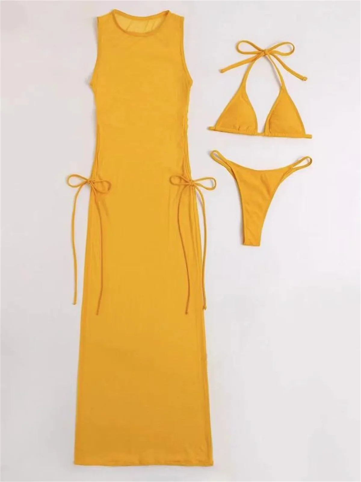 Sexy Sleeveless Mesh Bikini Cover Up Green White Dress 3 Piece Swimsuit Beach See Through Beach Bathing Suit Thong Swimwear 2024