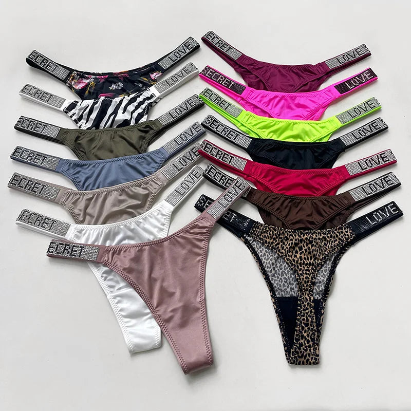 Letter Sexy Panties Women Thongs Rhinestones Diamonds G-string Sports Thong Low Waist Shorts Briefs T-back Fitness S-XL
