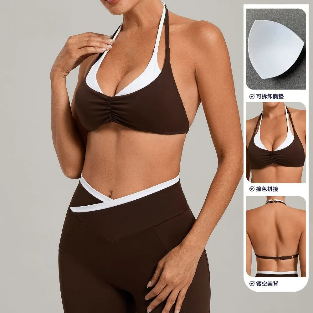 Women's Gym Workout Two-color Yoga Sports Bras Halter Neck Open Back Design Sports Tank Top Running Fitness Built-in Bra Cups