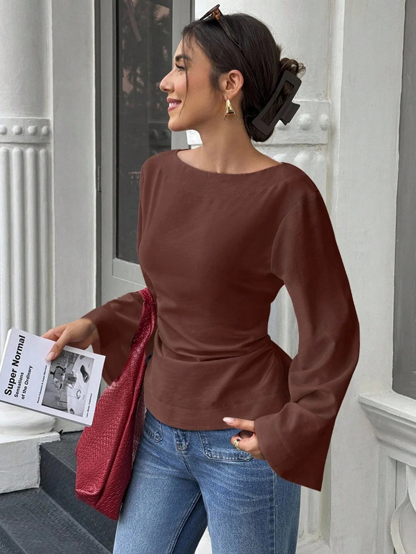 Women's Casual Solid Color Boat Neck Flare Sleeve T-Shirt Elegant Back Tie Slim Fit Long Sleeve Tops Spring/Fall