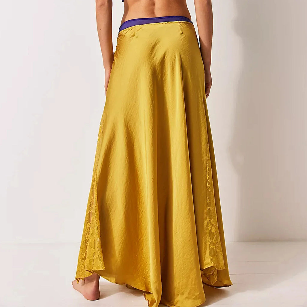 Solid Women Long Skirts Summer Elegant Low Waist Lace Satin Patchwork Skirts with Lace Flower Vintage Skirts Ball Gown Skirts
