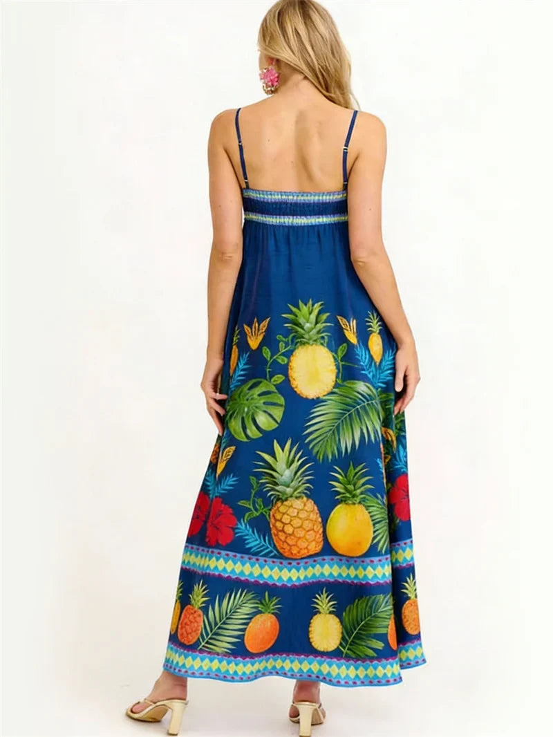 Women Floral Geometric Neck Long Party Dress Fashion Sleeveless Spaghetti Strap Dress Fashion Vacation Cocktail Flowy Sun Dress