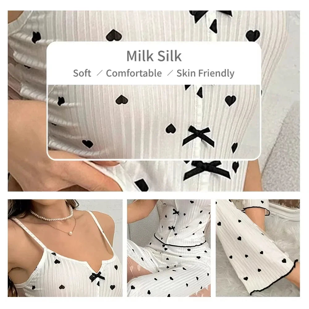 2-Piece Women's Sexy Transparent Mesh Lace Set with Ribbed Printed Strap Top and Pants Home Clothes Pajama Set