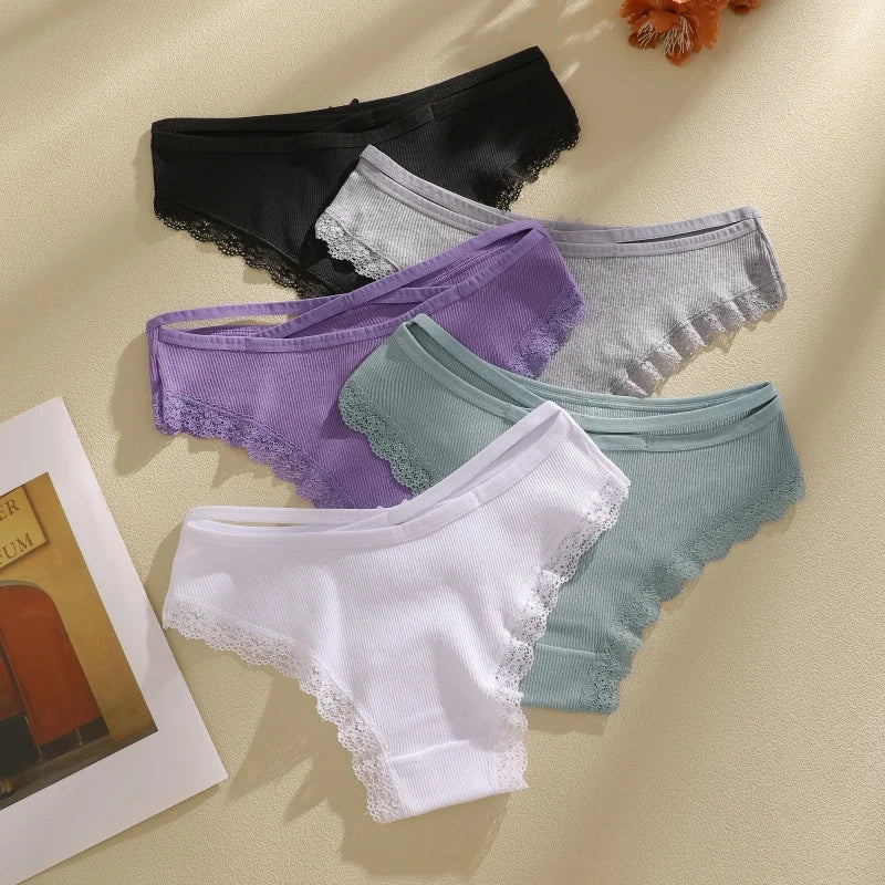 3PCS/Set Women Cotton Panties Low Waist Sexy Lace Brazilian Briefs Female Cross Webbing Underpants Soft Breathable Lingerie S-XL