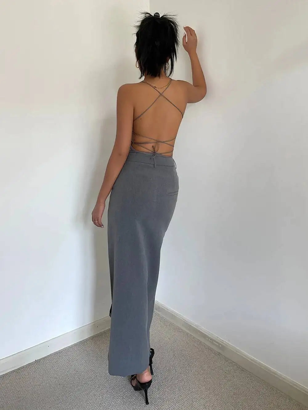 WOMENGAGA Retro High Waist Half Skirt Girl Bifurcate Slim A-LINE Gray Skirts Fashion American Spicy Girls 2023 New 5P2F