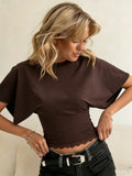 Woman Lace Crop Top Dolman Sleeve Summer Sexy Elegance Leisure Round Collar Semi Slim Solid Color T-shirt Top Pleating