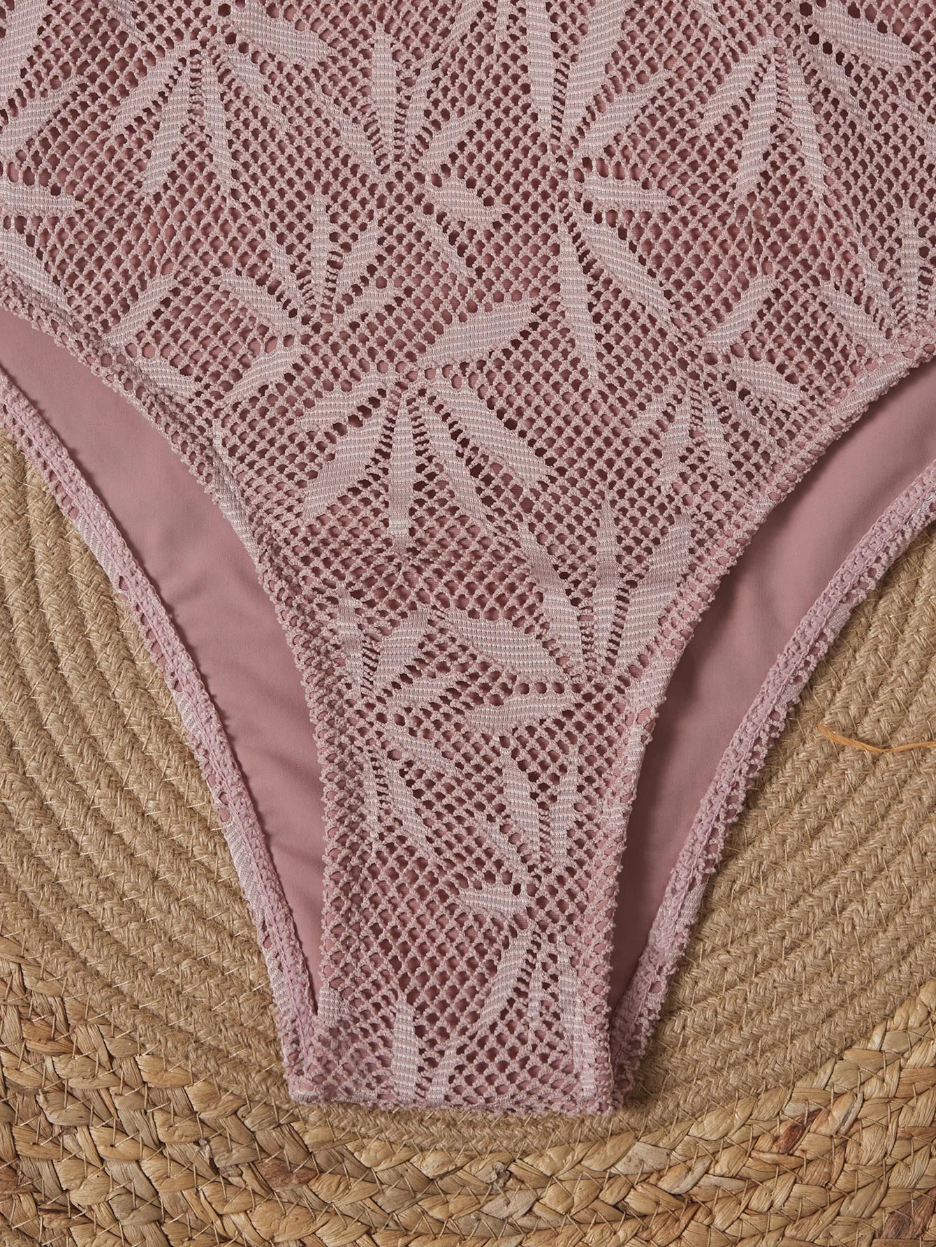 2026 Vintage Coffee Leaves Print One Piece Swimsuit Women Beaded String Hollow Out Backless Mesh Slim Fit Tummy Control Swimwear