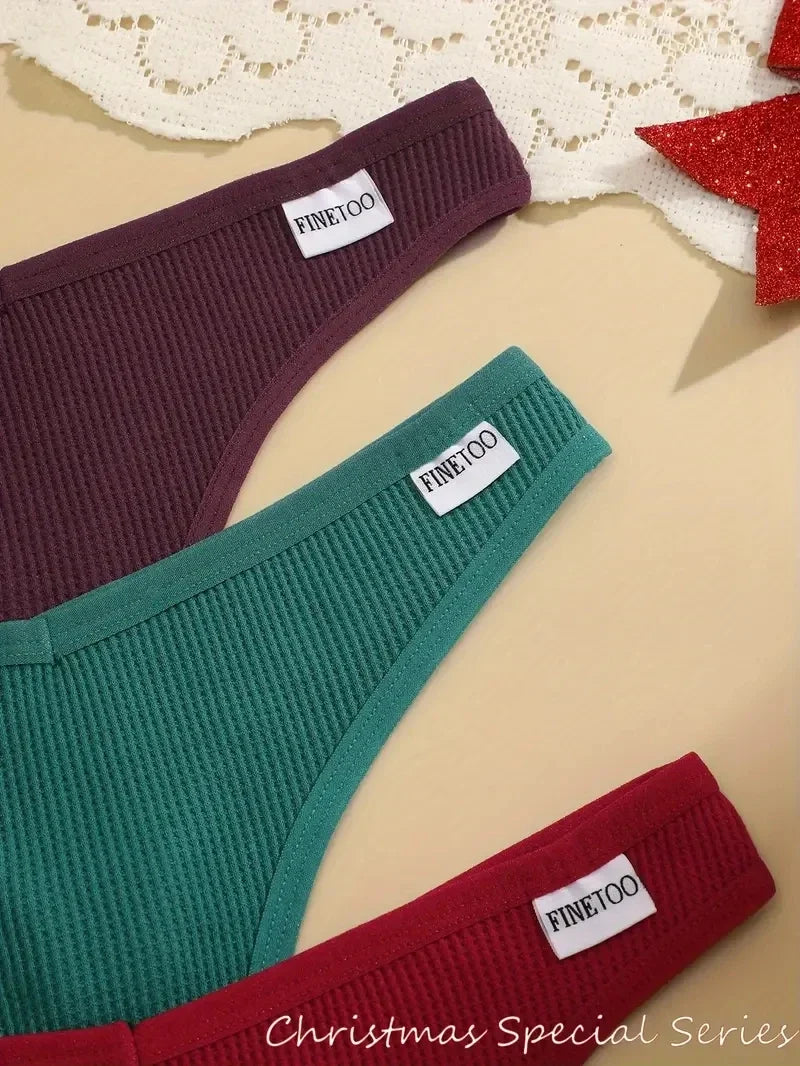 3Pcs Women Christmas Waffle Style G-string Cotton Panties Ladies Soft Thongs Female S-XL Low-Rise T-Back Panties Bikini Bikini