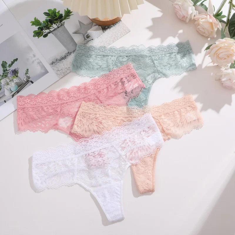 3Pcs Lace Sexy Thongs Women Low-Rise Briefs Sexy Soft Ladies Underwear Trendy Floral Underpants Female Flowery Panty Lingerie