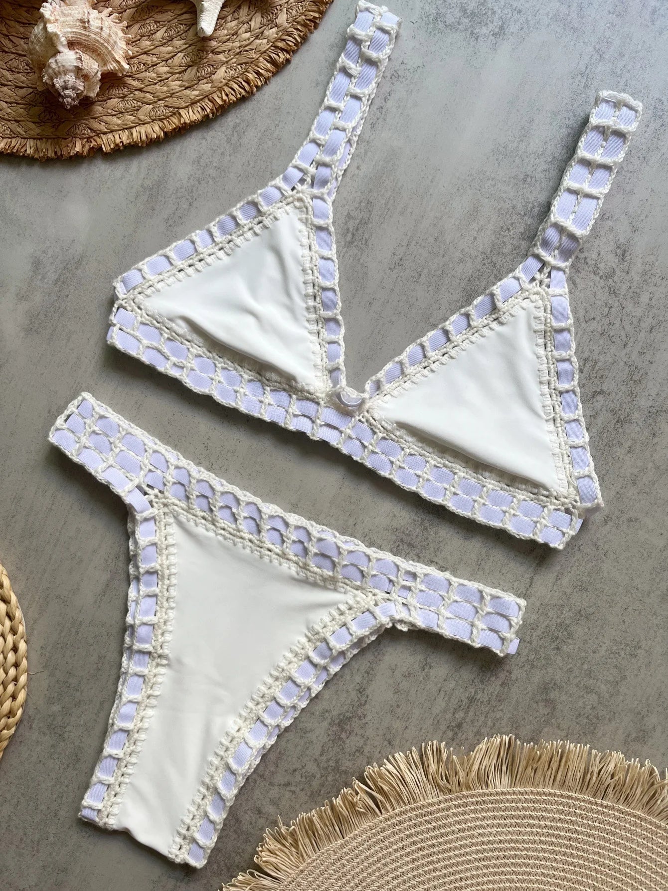 Sexy Black Patchwork Hand Crochet Bikini Set Women 2026 V Neck Push Up Bra Thong Swimsuit Beach Bathing Suit Knitted Swimwear