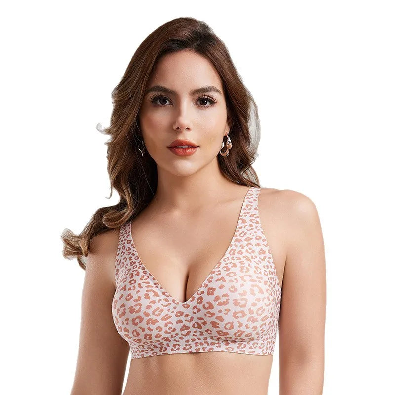 Leopard Print Deep V Seamless Wire-free Everyday Bra Comfortable and Breathable Full Cup Support Pink Leopard Print Bra Sostén