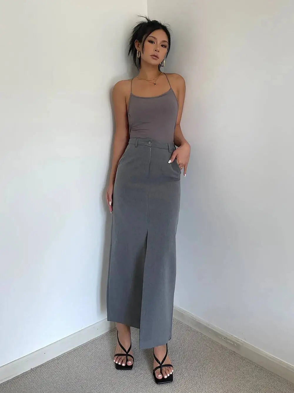 WOMENGAGA Retro High Waist Half Skirt Girl Bifurcate Slim A-LINE Gray Skirts Fashion American Spicy Girls 2023 New 5P2F
