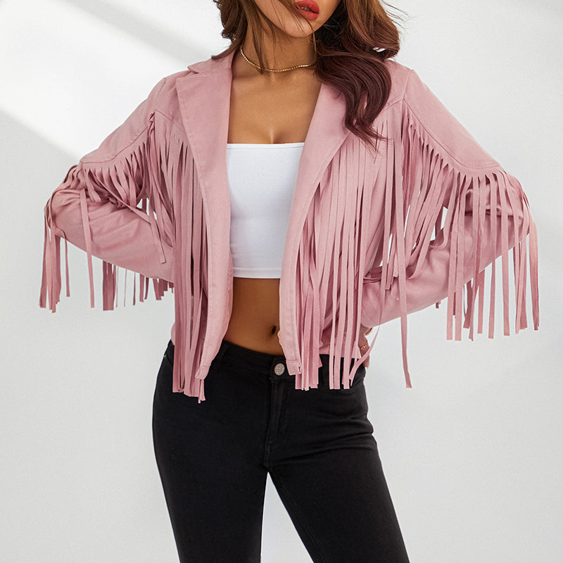 Women Spring Autumn Slim Long Sleeve Open Front Coat Solid Color Collared Jacket with Tassels Black/ Coffee/ Pink