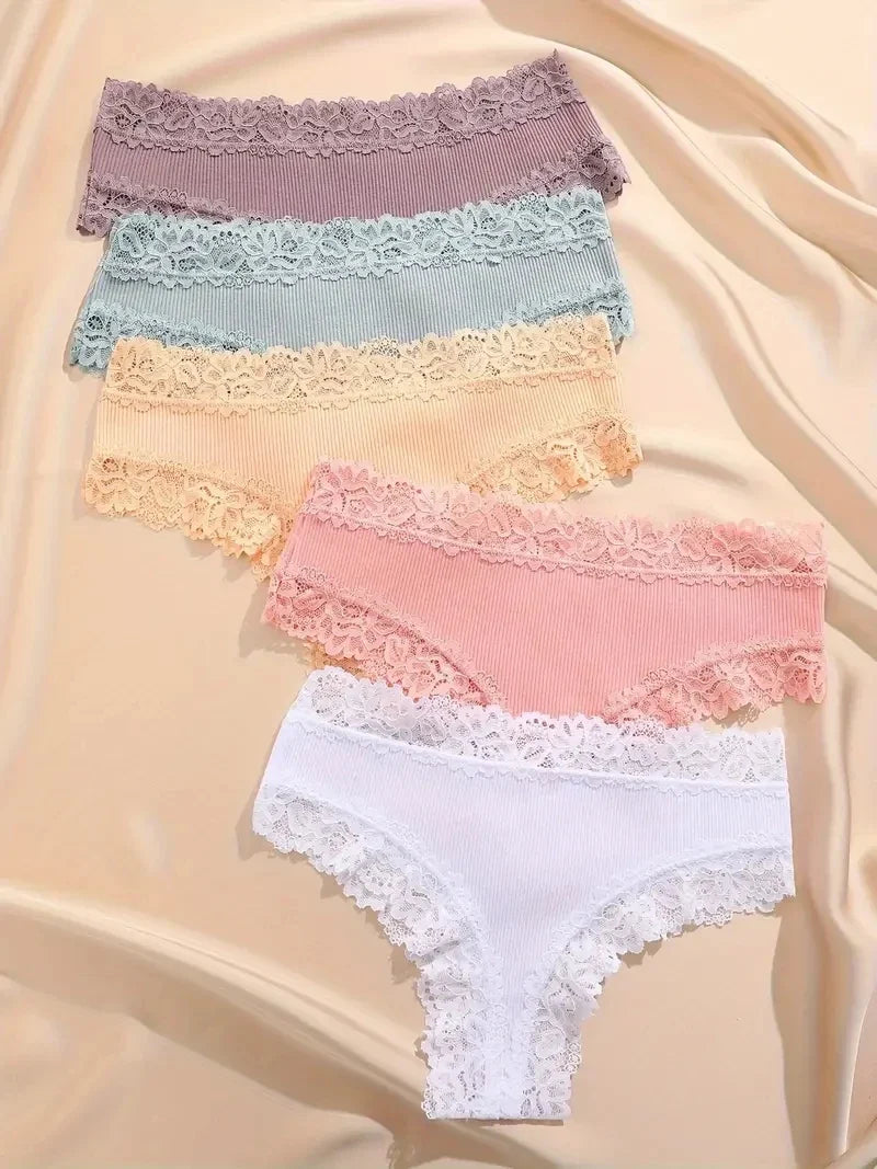 5Pcs Women Cotton Brazilian Pants Sexy Lace Brazilian Briefs Low Waist Floral Solid Color G-string Breathable Soft Lingerie