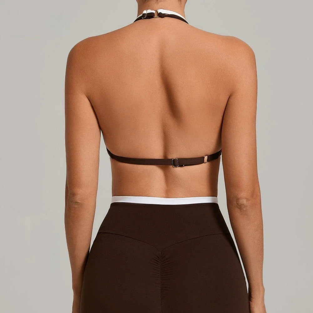 Women's Gym Workout Two-color Yoga Sports Bras Halter Neck Open Back Design Sports Tank Top Running Fitness Built-in Bra Cups
