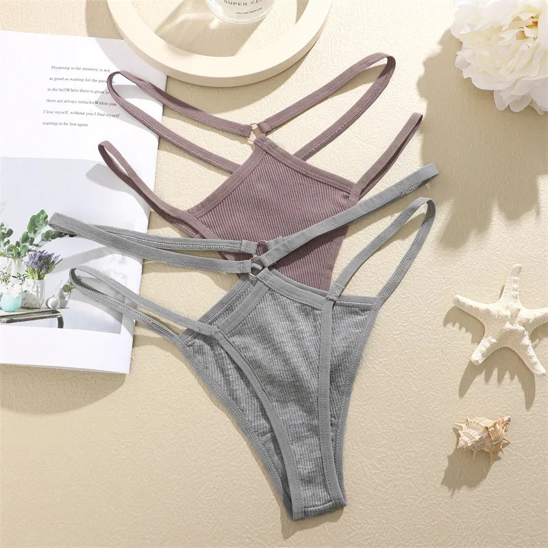 2PCS Women Sexy Cotton Panties Two Belts Hollow Out G-String Thongs Breathable Underwear for Female Solid Color Lingerie S-XL