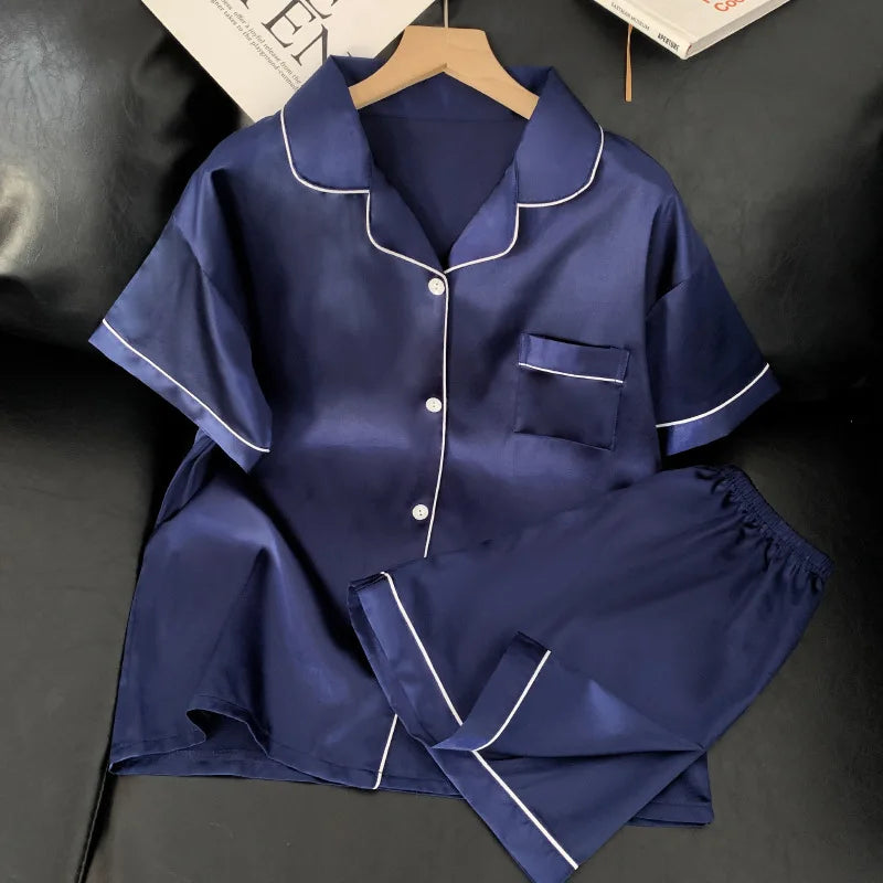 Sweet Simple Ice Silk Pajamas for Women  Thin Short-sleeved Home Clothes Suit Nightwear Women's Pajamas Set Nightie Summer