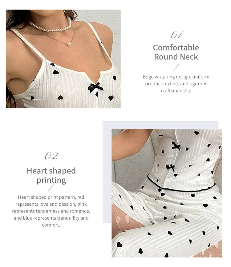 2-Piece Women's Sexy Transparent Mesh Lace Set with Ribbed Printed Strap Top and Pants Home Clothes Pajama Set