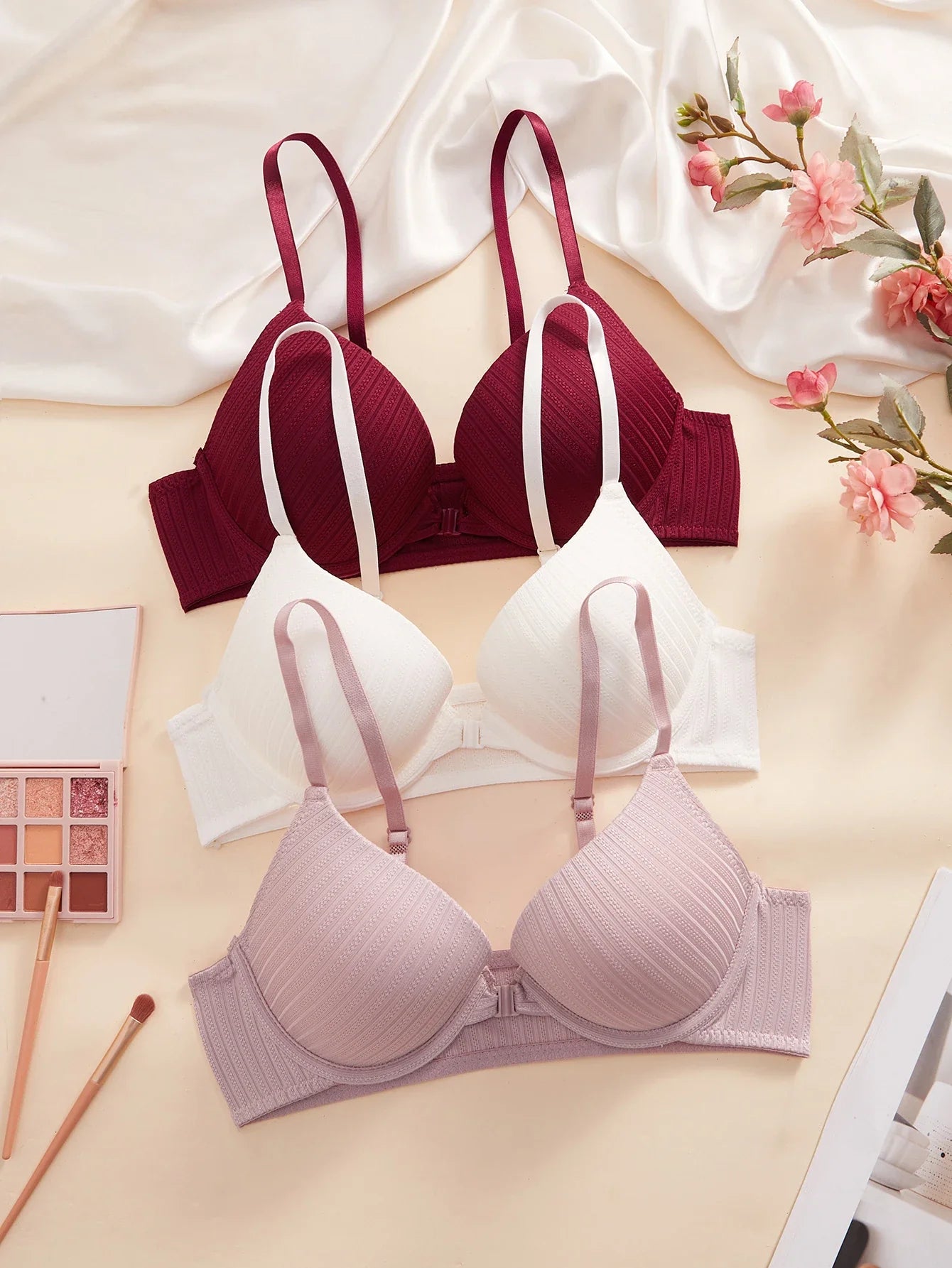 1 3 5Pcs Pure and Simple Everyday Solid Bra Push up Sexy Bras Ribbed Fabric with Unlined Sweet Women's Underwear