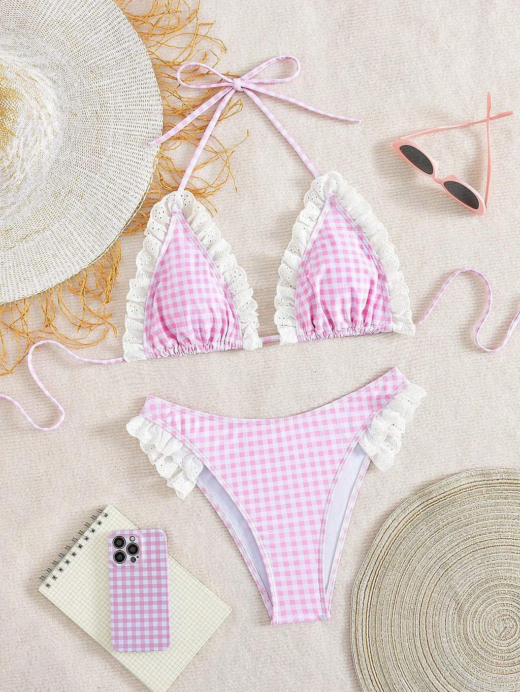 Cute Pink Plaid Print Micro Bikini 2026 Women Ruffles Lace Patchwork Push Up High Waist Swimsuit Bathing Suit Holiday Swimwear