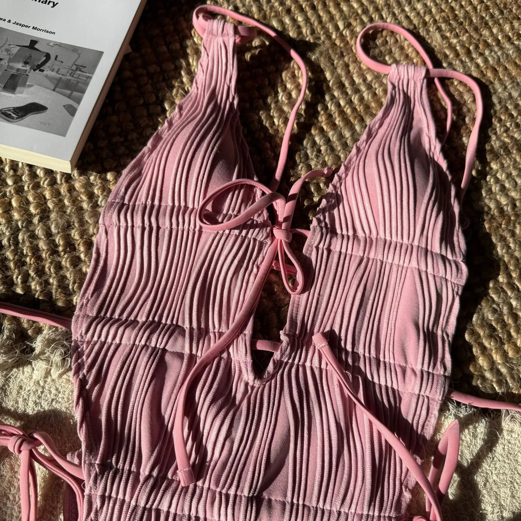 2026 New Deep V One Piece Black Swimsuit Halter Solid Color Women's Backless Bathing Suit Bandage White Swimwear For Female