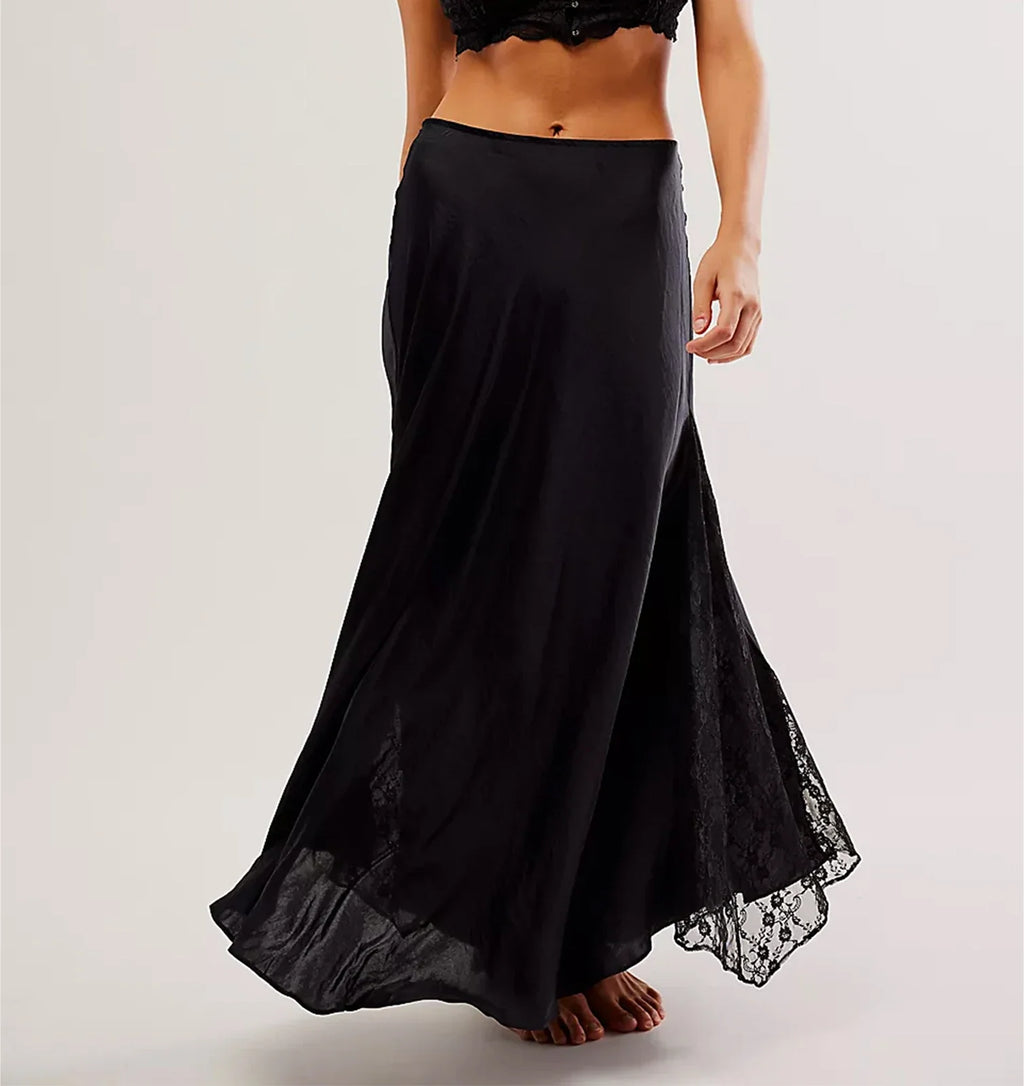 Solid Women Long Skirts Summer Elegant Low Waist Lace Satin Patchwork Skirts with Lace Flower Vintage Skirts Ball Gown Skirts
