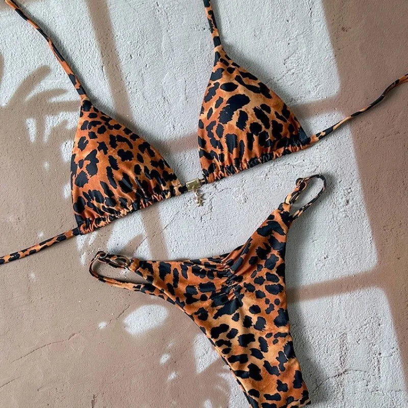 2026 Sexy Bikini 2 Piece Set Drawstring Straps Black Leopard Print Swimsuit For Women Summer New A Knot On The Chest
