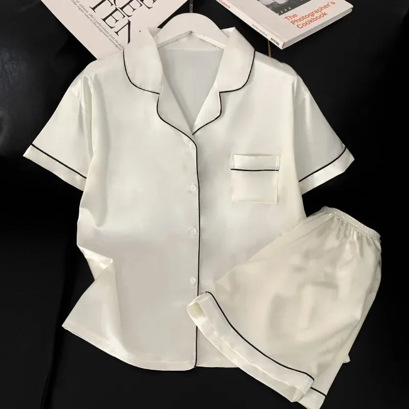 Sweet Simple Ice Silk Pajamas for Women  Thin Short-sleeved Home Clothes Suit Nightwear Women's Pajamas Set Nightie Summer