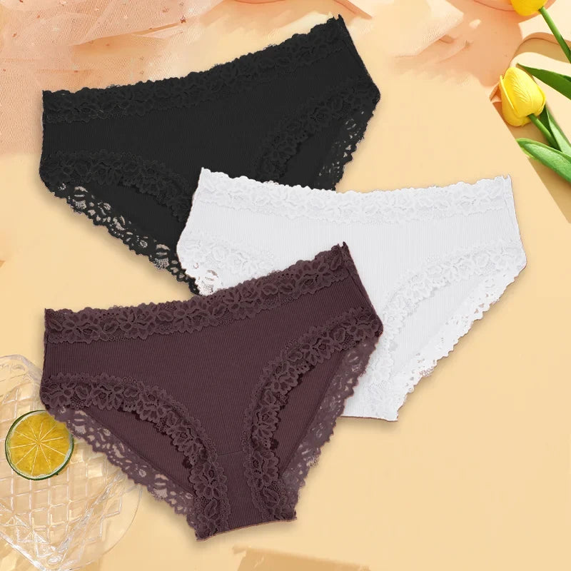 3PCS Sexy Lace Cotton Pants Women Low Waist Panties Underwear S-XL Solid Color Ladies Briefs Lingere Underware Comfortable Women