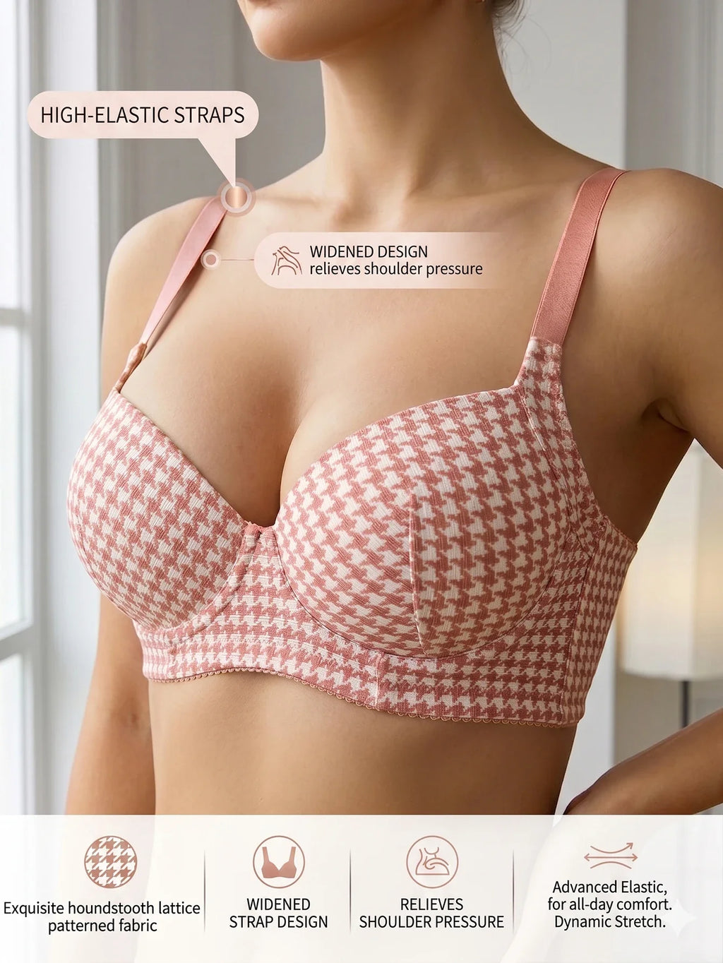 Women's Plaid Push-Up Bra Wide Straps Seamless Smoothing Underwear Underwire Side Support Adjustable Bra for Daily Wear