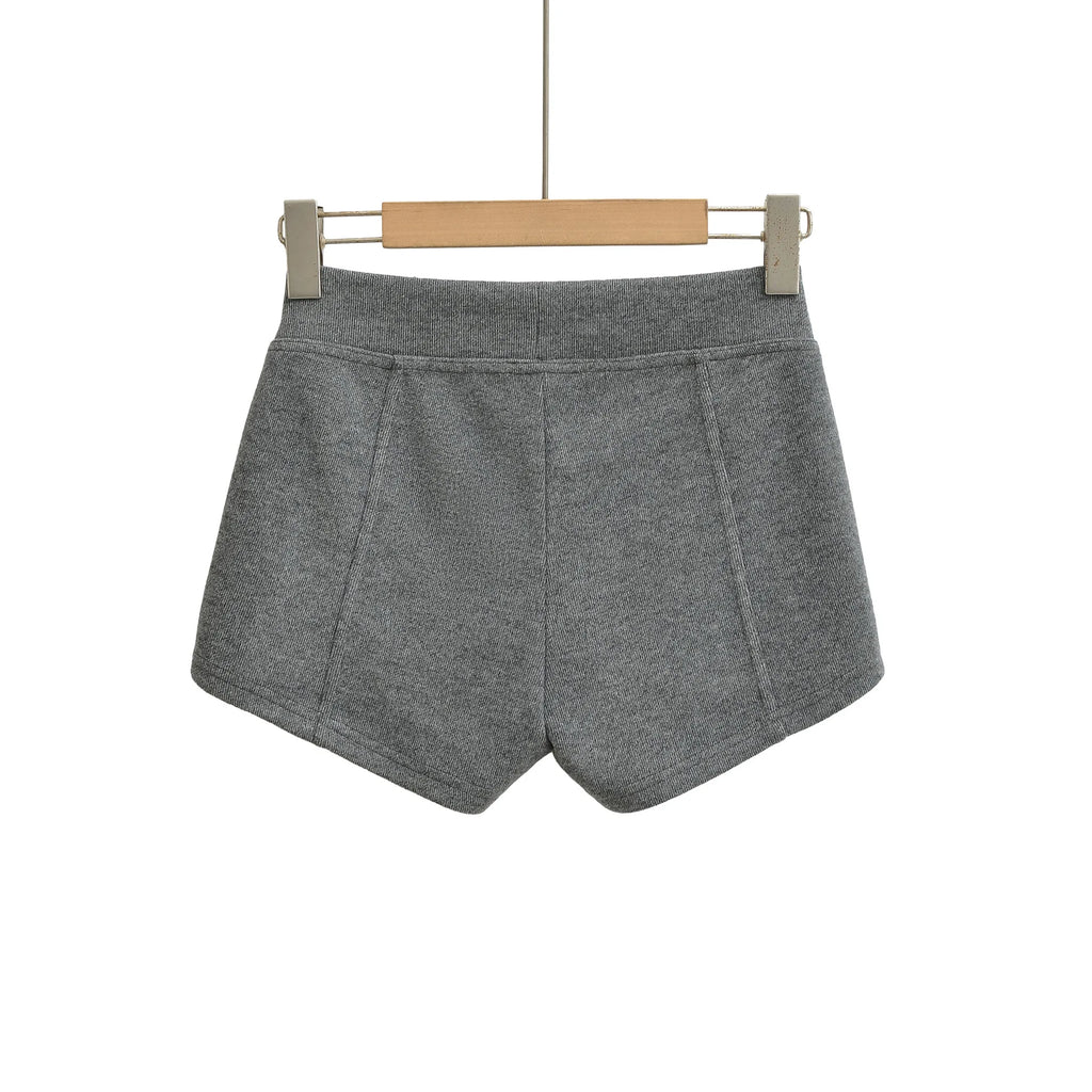 Gray Ribbed Knit Shorts For Women High Elastic Waist Soft Fabric Relaxed Fit Style For Casual Daily Stylish Under Shorts XK6F