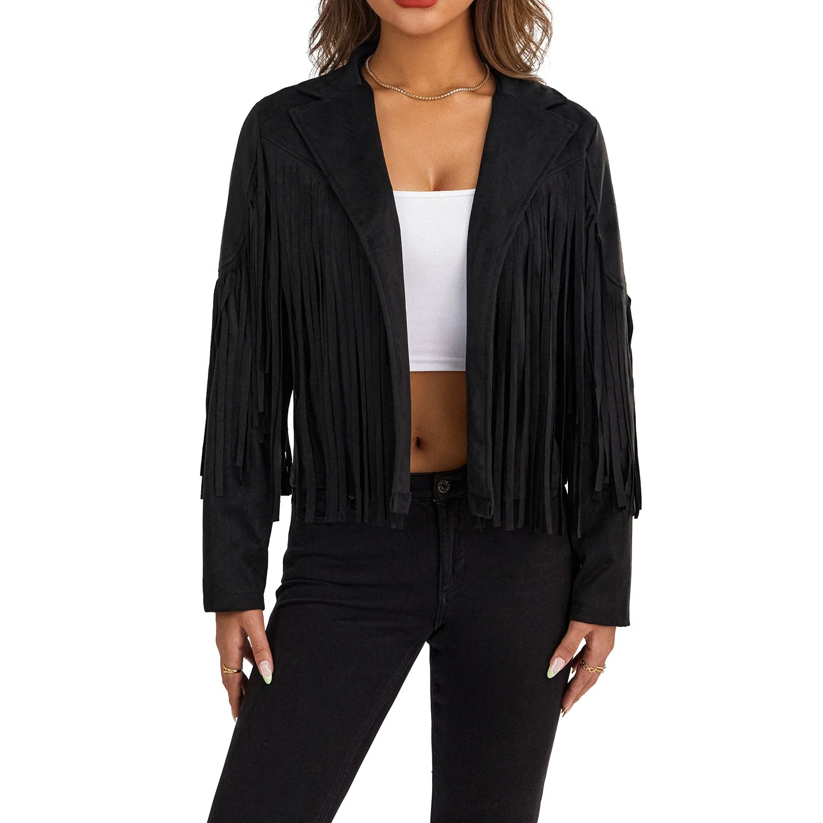 Women Spring Autumn Slim Long Sleeve Open Front Coat Solid Color Collared Jacket with Tassels Black/ Coffee/ Pink