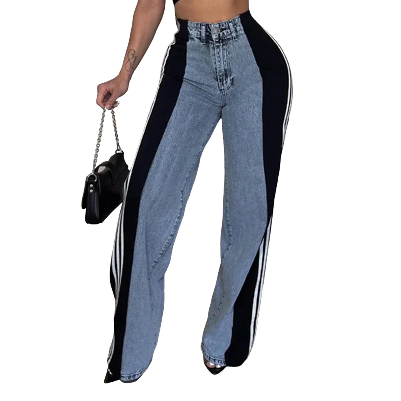 Women's Spring Summer Baggy Jeans Pants High Waist Loose Wide Leg Side Striped Denim Pants Streetwear