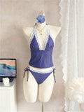 Sexy Blue Polka Dot Print Bikini Set 2026 Women Lace Trim V Neck Tank Top Tie Side Thong Swimsuit Bathing Suit Holiday Swimwear