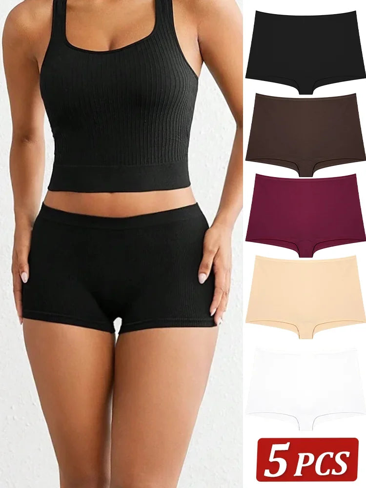 5Pcs Women's Cotton Underwear Boxers Seamless Sports Panties Female Solid Color Briefs Cozy Lingerie Intimate Underpants XS-XL