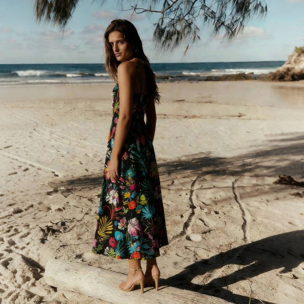 Women Floral Geometric Neck Long Party Dress Fashion Sleeveless Spaghetti Strap Dress Fashion Vacation Cocktail Flowy Sun Dress