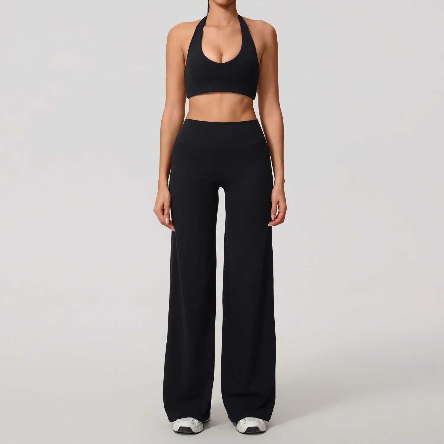 Hearuisavy Summer Yoga Set 2Pcs Women Breathable Backless Halter-Neck Sports Bra Push Up Pilates Fitness Top Straight Leg Pants