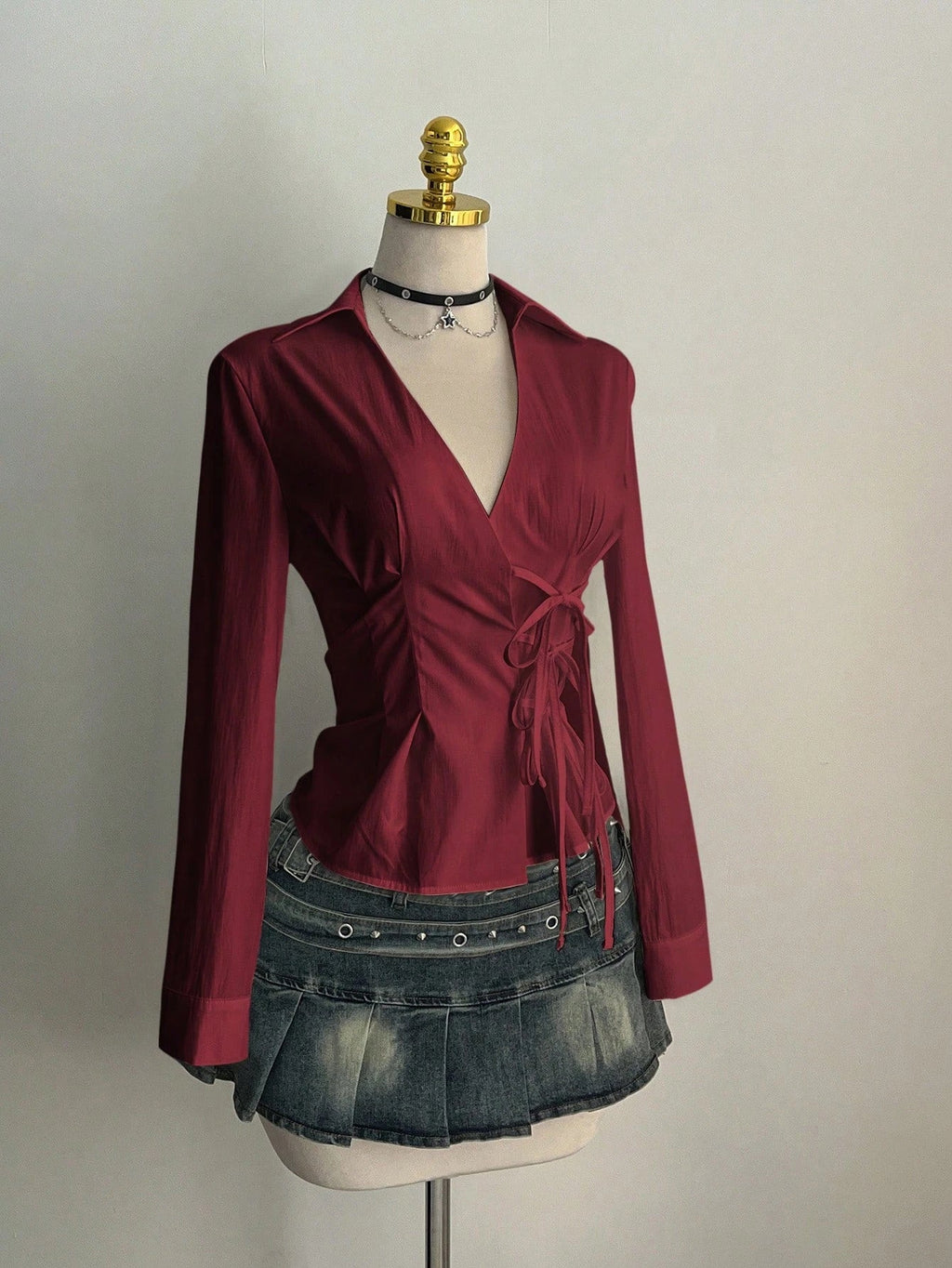 Women's Casual Side Strap Slim Fit Long Sleeve Shirt Sexy V-Neck Pleating Top Spring/Fall 2026